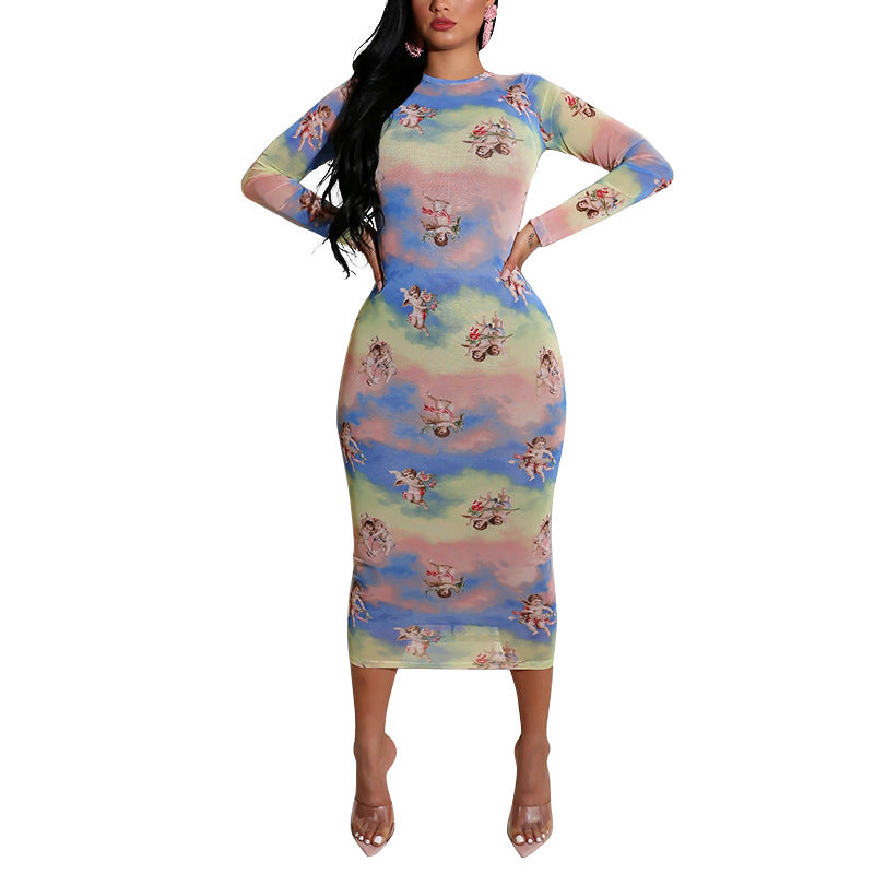 Women's Clothing Long Sleeve Mesh Printed Midi Skirt