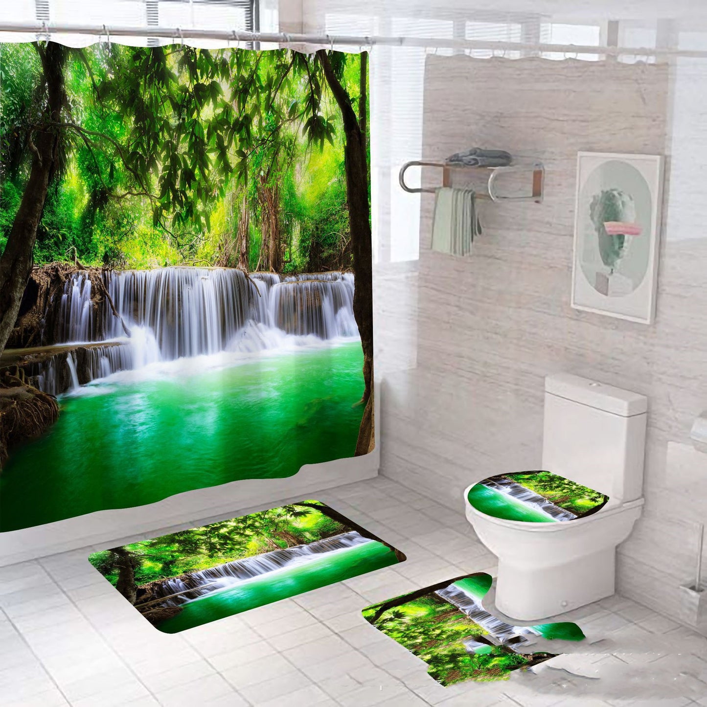 4pcs Bathroom Set Shower Curtain Waterfall Non slip