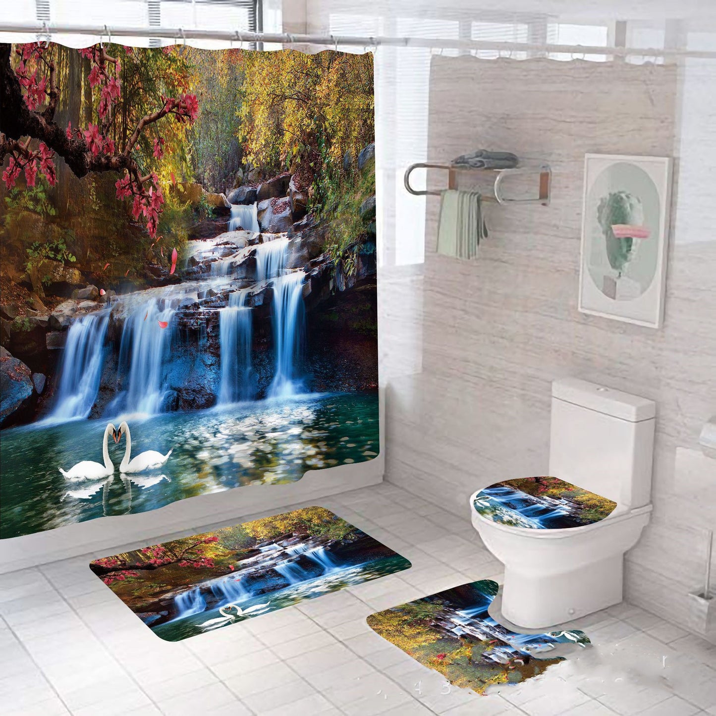 4pcs Bathroom Set Shower Curtain Waterfall Non slip