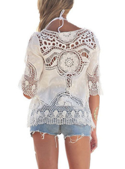 Jastie Bohemian Hollow Out Beach Cover Up Blouse Beach Shirt Women Crochet Lace Top Blusas mujer de moda Summer Shirt Tops