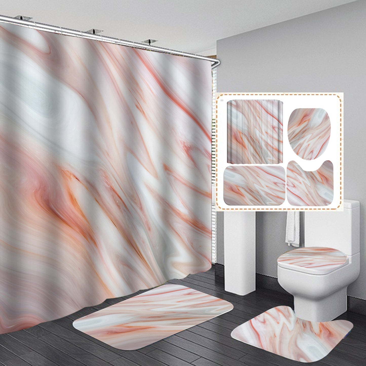 Marble White Shower Curtain Set With Non Slip Rug Bath Mat Carpet Modern Bathroom