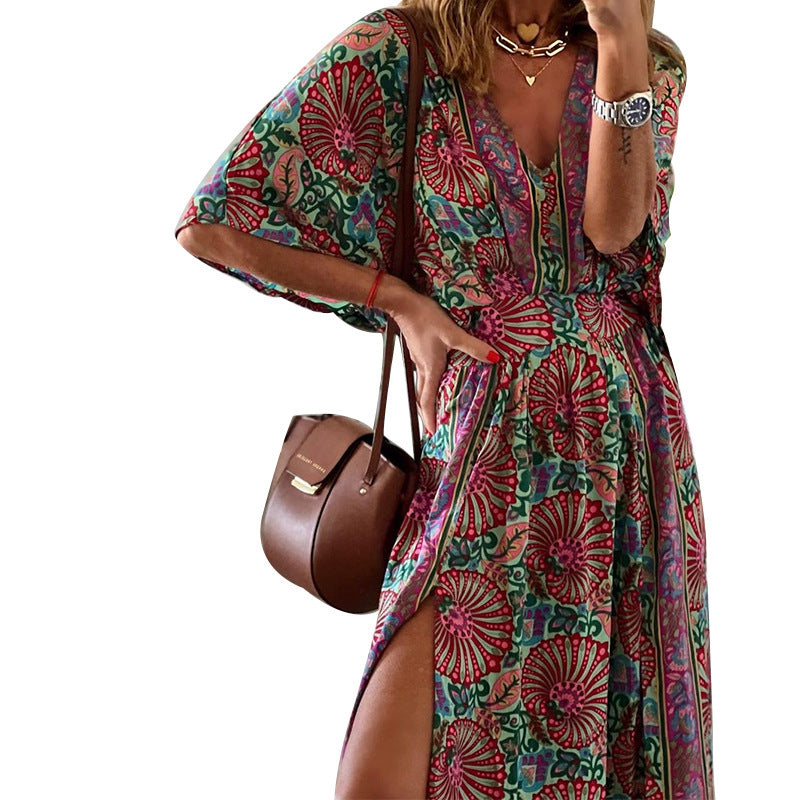 Women's V-neck Short Sleeve Midi Printed Dress