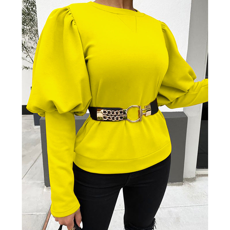 Women's Clothing Round Neck Puff Sleeve Solid Color Top T-shirt
