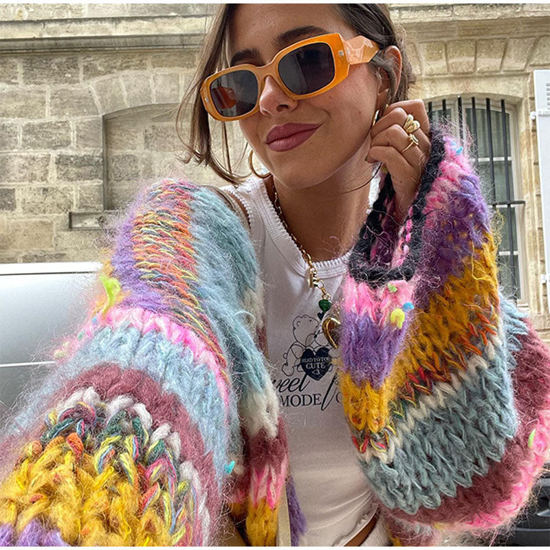 Women's Striped Long Sleeve Rainbow Plaid Cardigan Sweater