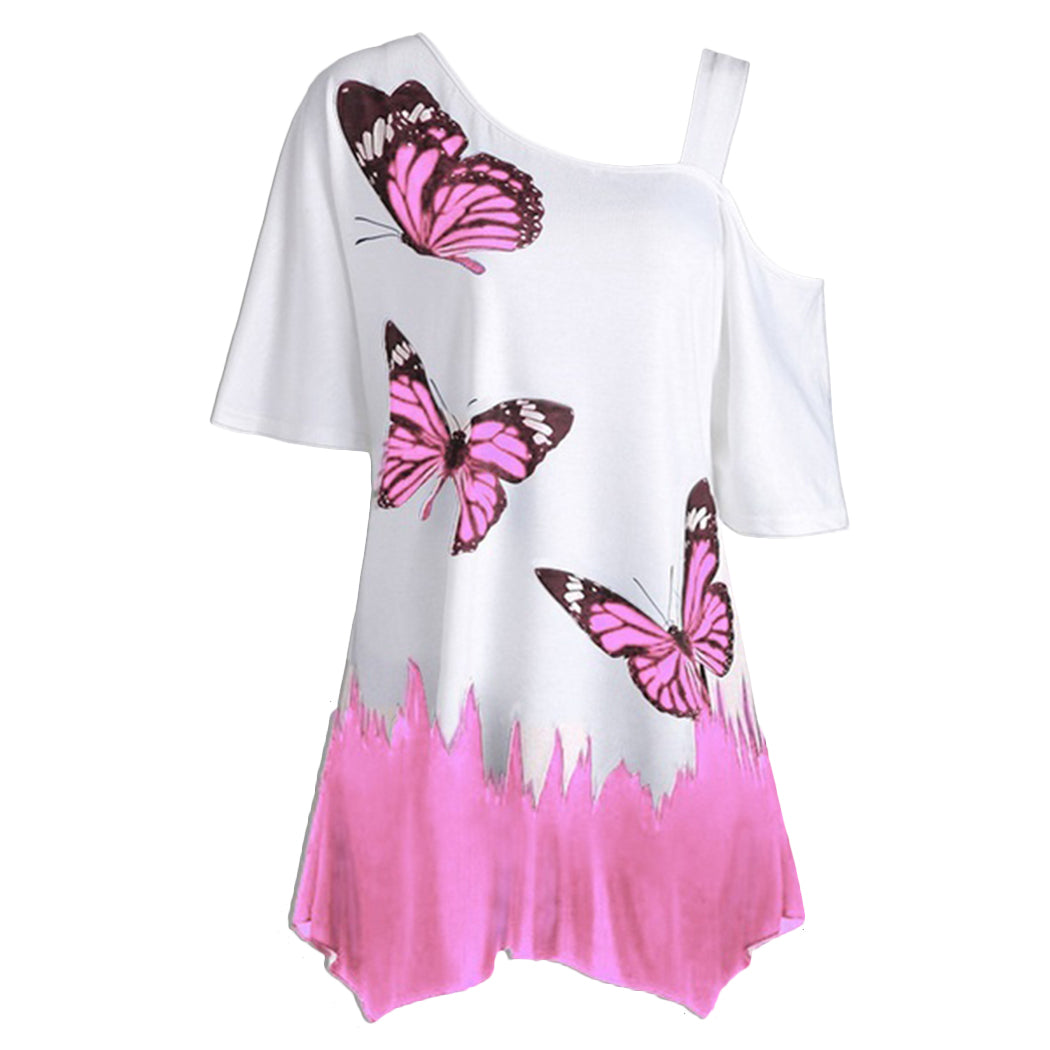 Short Sleeve 2021 Women Tops One Shoulder Summer Fashion Butterfly Printed Blouse Plus Size Tunic Casual Shirts Loose Blusas