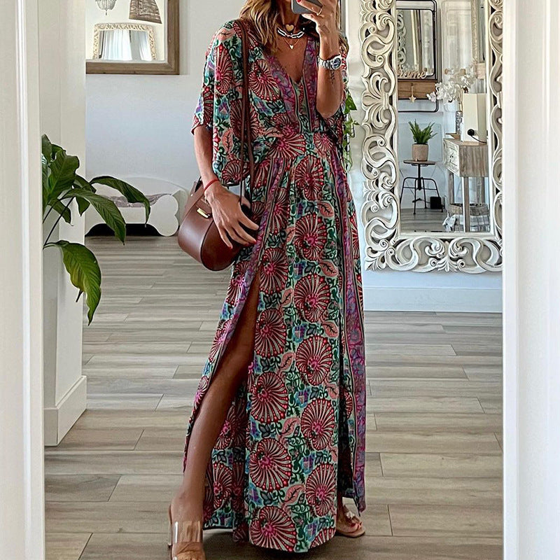 Women's V-neck Short Sleeve Midi Printed Dress