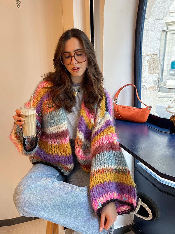 Women's Striped Long Sleeve Rainbow Plaid Cardigan Sweater