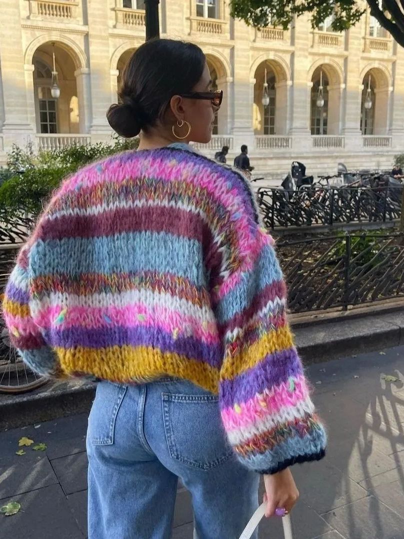 Women's Striped Long Sleeve Rainbow Plaid Cardigan Sweater
