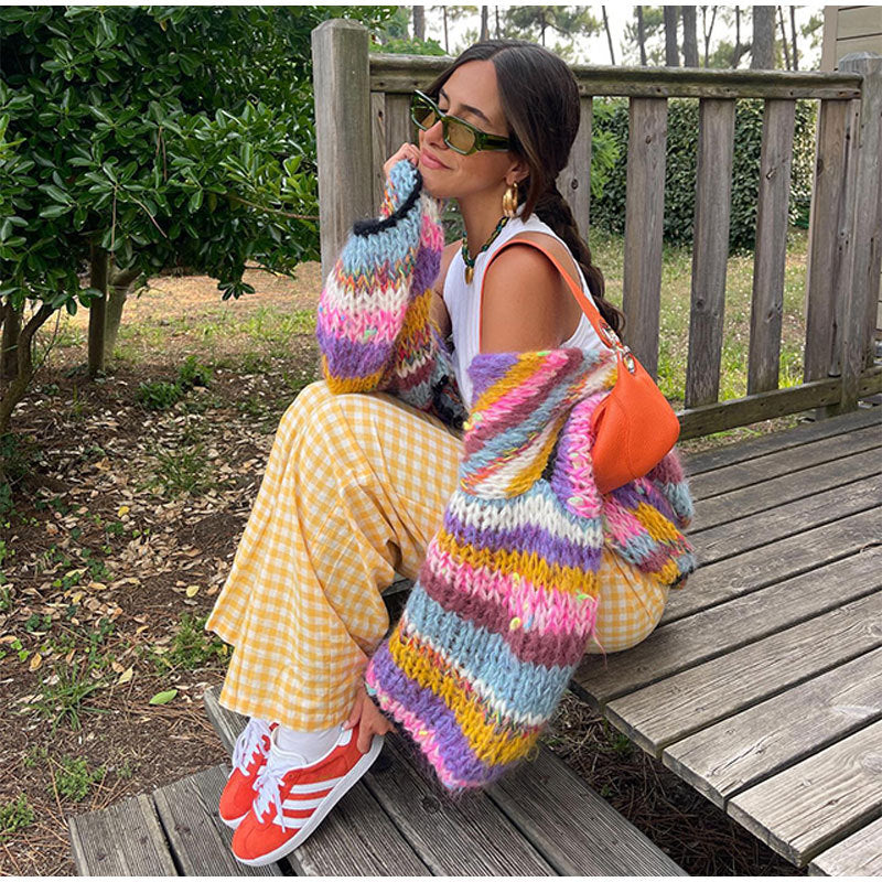 Women's Striped Long Sleeve Rainbow Plaid Cardigan Sweater