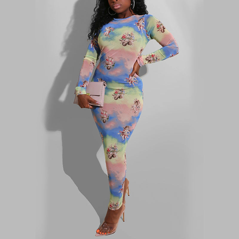 Women's Clothing Long Sleeve Mesh Printed Midi Skirt