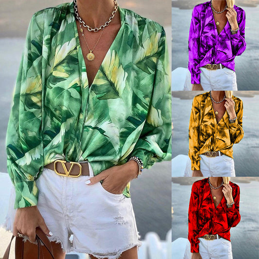 Women's V-neck Long-sleeved Printed Top