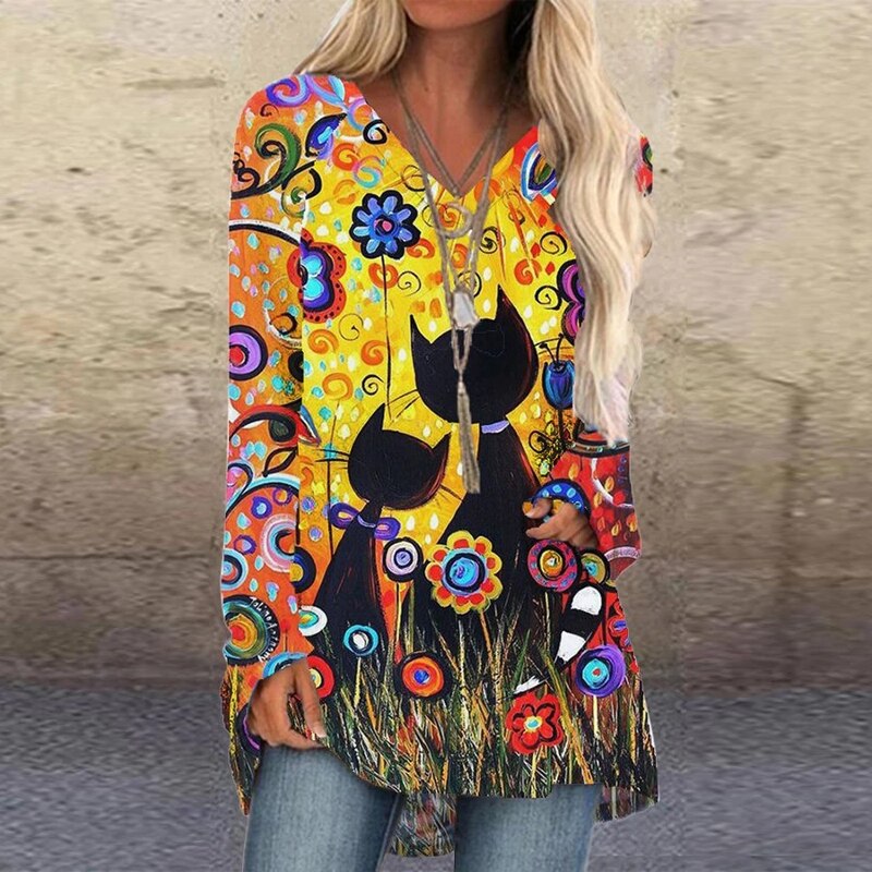 2021 Womens Loose Pullovers Long Tops Ladies Tee Casual Abstract Face Print Shirts Long Sleeve Top Fashion T Shirt S-5XL Black