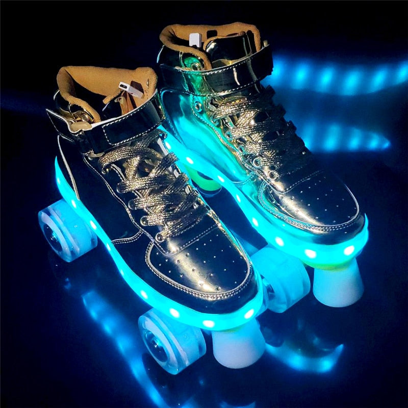 2022 New Led Rechargeable 7 Colorful Flash Shoes Double Row 4 Wheel Roller Skates Outdoor Men Women Patines