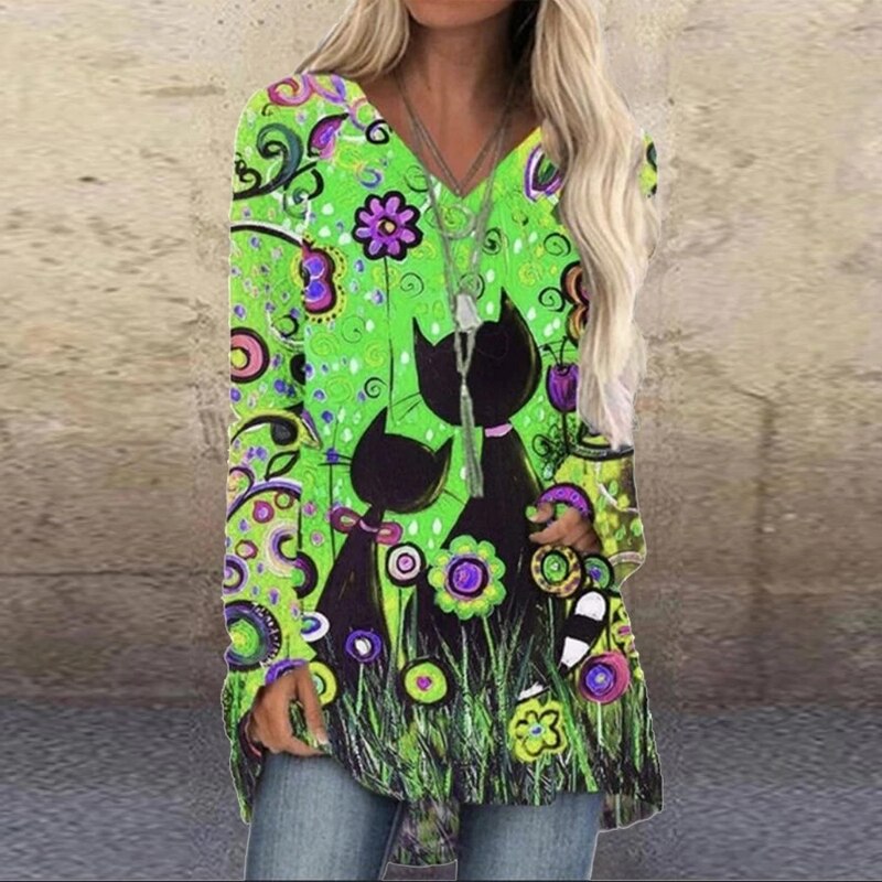 2021 Womens Loose Pullovers Long Tops Ladies Tee Casual Abstract Face Print Shirts Long Sleeve Top Fashion T Shirt S-5XL Black