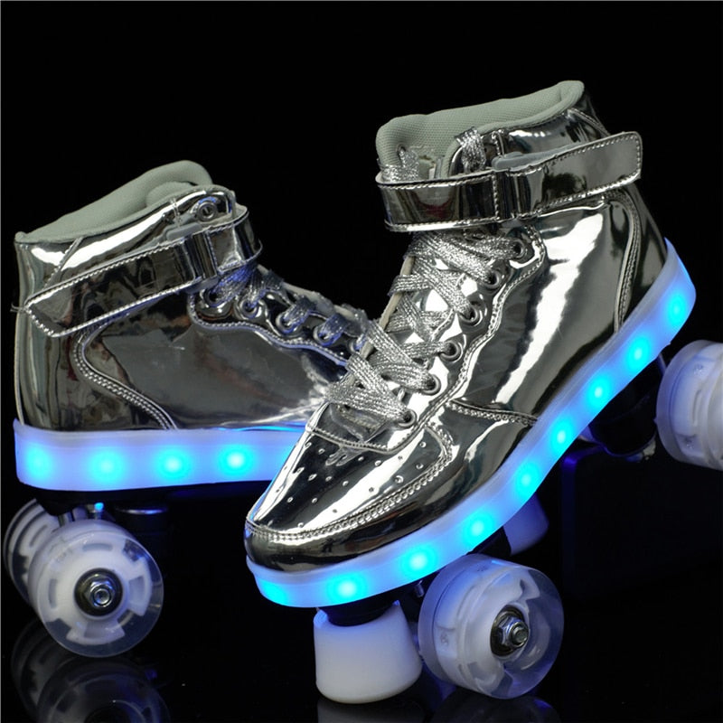 2022 New Led Rechargeable 7 Colorful Flash Shoes Double Row 4 Wheel Roller Skates Outdoor Men Women Patines