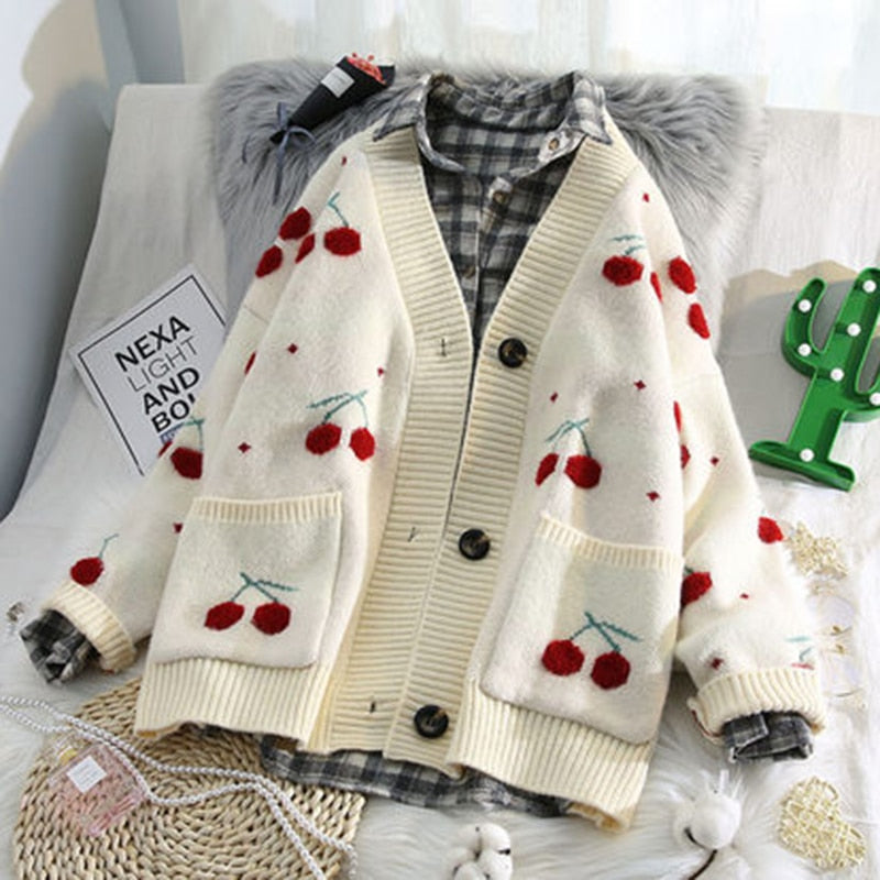 AZYT Fruit Cherry Embroidery Knitted Cardigan Loose Knit Pull Femme Autumn Winter V Neck Oversize Woman Sweater Cardigan Jacket