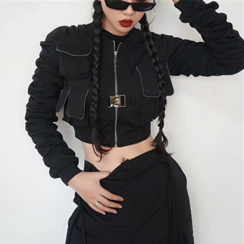 Y Demo Techwear Punk Zipper Jacket Women Long Sleeve Minimalist Pocket Outerwear Female Fashion Clothing 2020