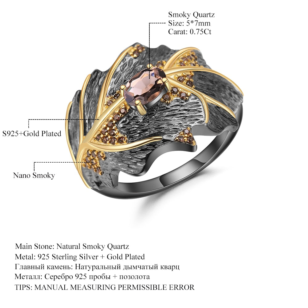 GEM'S BALLET 0.75Ct Natural Smoky Quartz 925 Sterling Silver Handmade Rings for Women Bijoux Georgia O'keeffe Leaf Ring NEW
