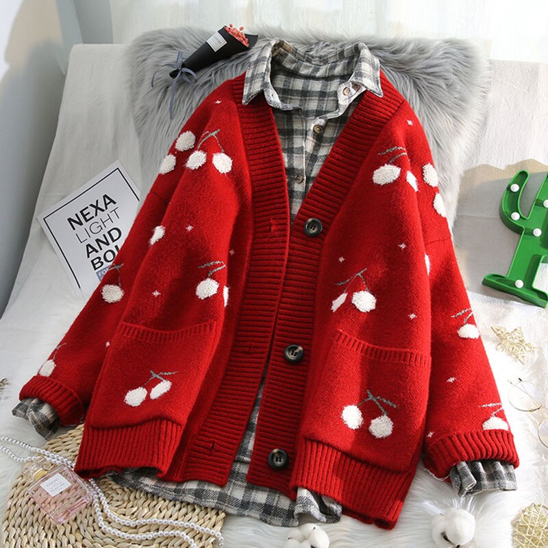 AZYT Fruit Cherry Embroidery Knitted Cardigan Loose Knit Pull Femme Autumn Winter V Neck Oversize Woman Sweater Cardigan Jacket