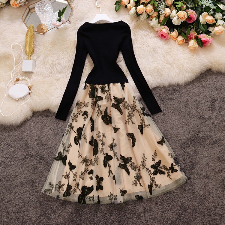 HISUMA 2022 autumn New Women V-Neck Long Sleeve Knitted Embroidered Gauze A-line Dress Female Chic Elegant Sweater Dresses
