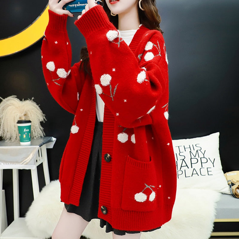 AZYT Fruit Cherry Embroidery Knitted Cardigan Loose Knit Pull Femme Autumn Winter V Neck Oversize Woman Sweater Cardigan Jacket