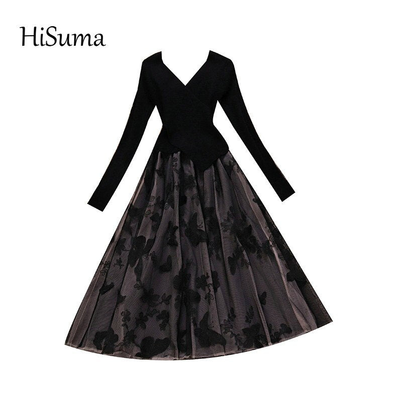 HISUMA 2022 autumn New Women V-Neck Long Sleeve Knitted Embroidered Gauze A-line Dress Female Chic Elegant Sweater Dresses
