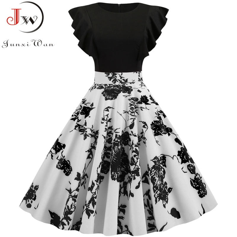 Black White Patchwork Floral Print Summer Dress Women 2022 Petal Sleeve Dot Vintage Dress Robe Casual Rockabilly Party Vestidos