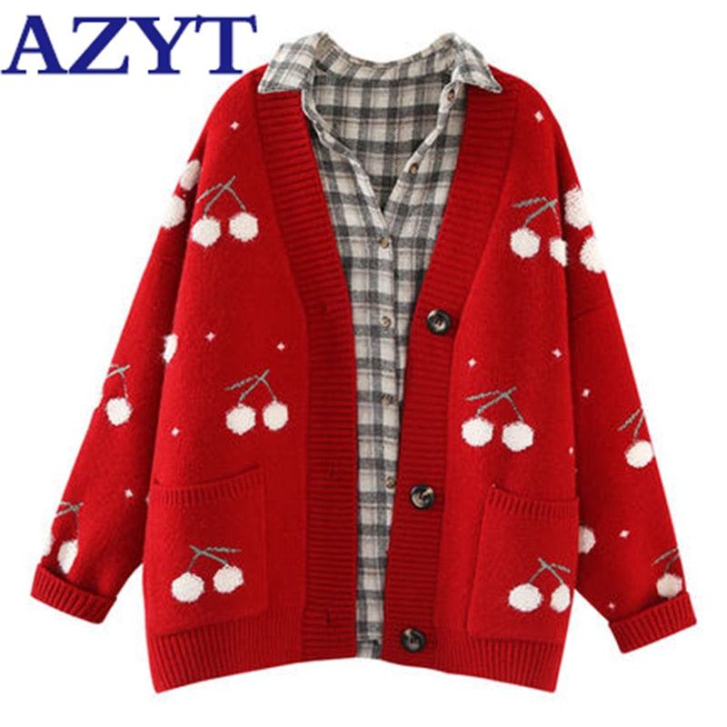 AZYT Fruit Cherry Embroidery Knitted Cardigan Loose Knit Pull Femme Autumn Winter V Neck Oversize Woman Sweater Cardigan Jacket