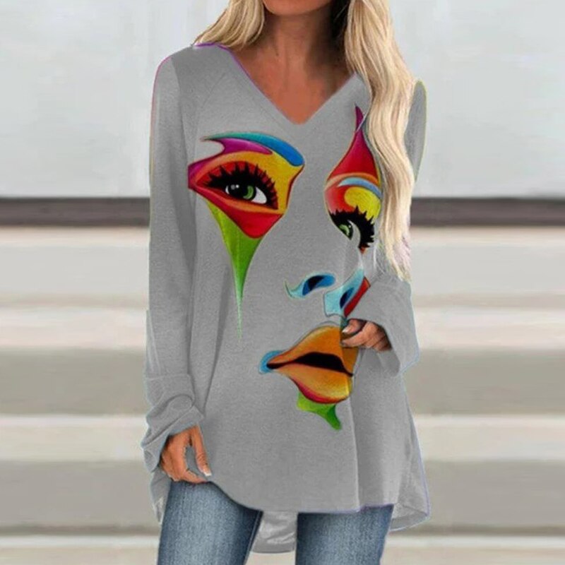 2021 Womens Loose Pullovers Long Tops Ladies Tee Casual Abstract Face Print Shirts Long Sleeve Top Fashion T Shirt S-5XL Black