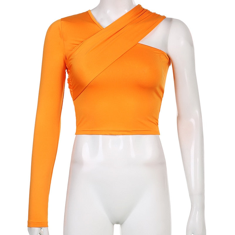 Asymmetrical V Neck One-shoulder Soild Women's T-shirts Slim Female Streetwear Crop Tops Autumn All-match Vinatge Tees