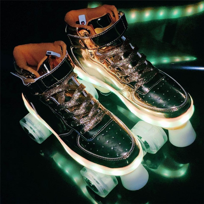 2022 New Led Rechargeable 7 Colorful Flash Shoes Double Row 4 Wheel Roller Skates Outdoor Men Women Patines