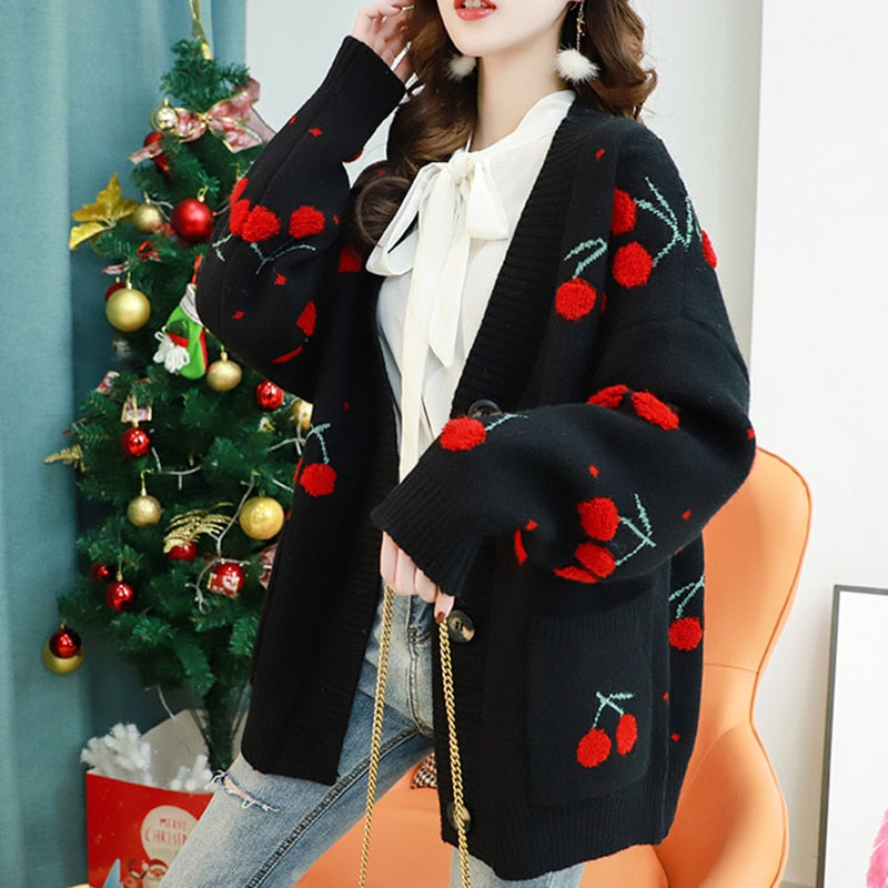 AZYT Fruit Cherry Embroidery Knitted Cardigan Loose Knit Pull Femme Autumn Winter V Neck Oversize Woman Sweater Cardigan Jacket