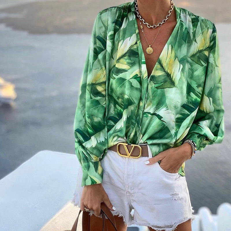 Women's V-neck Long-sleeved Printed Top
