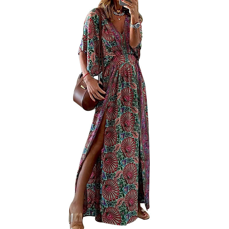 Women's V-neck Short Sleeve Midi Printed Dress