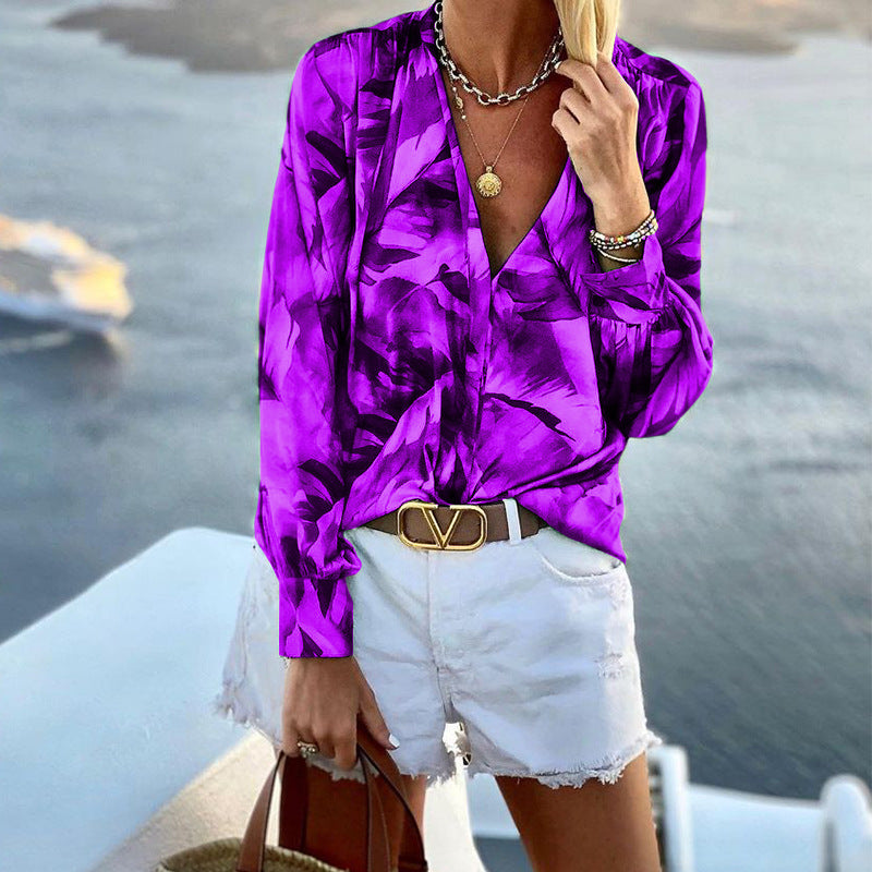 Women's V-neck Long-sleeved Printed Top