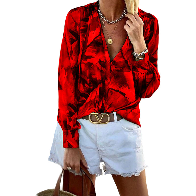 Women's V-neck Long-sleeved Printed Top