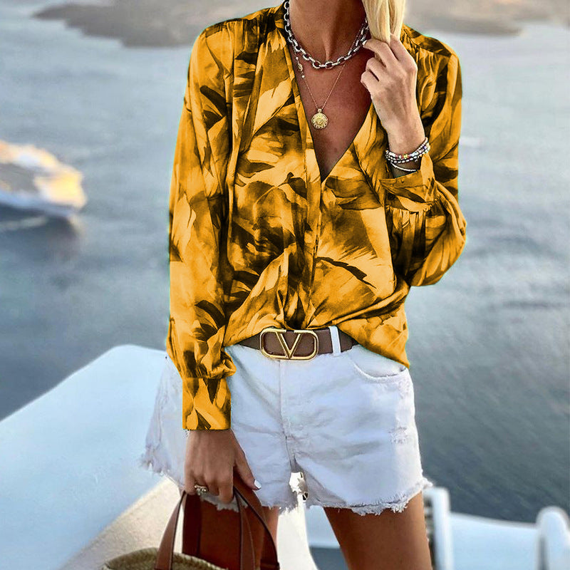 Women's V-neck Long-sleeved Printed Top