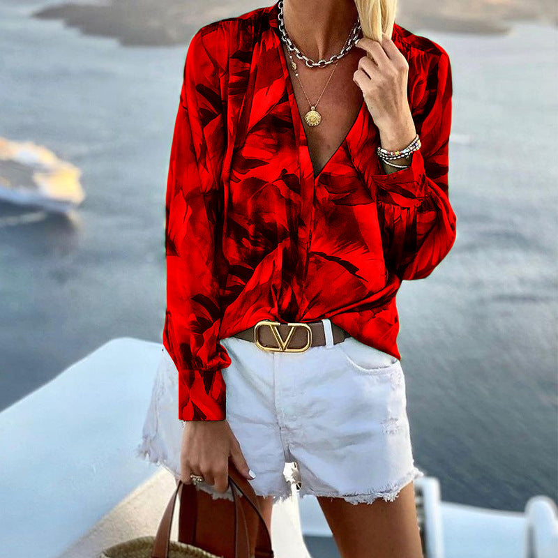 Women's V-neck Long-sleeved Printed Top