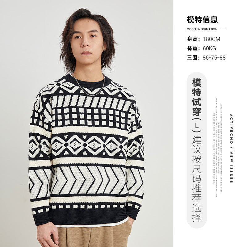 Yizhi Men's Clothing 2023 Autumn And Winter New Japanese Retro Jacquard Sweater Men's Loose Warm Couple Wool Sweater