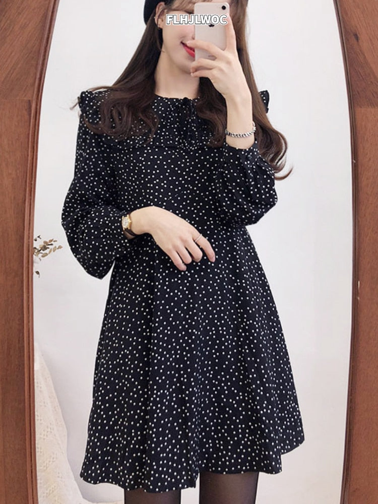 2023 Cute Sweet Dress Hot Sales Women Fashion Korean Style Design A Line Preppy Girls Vintage Polka Dot Ruffled Mini Black Dress