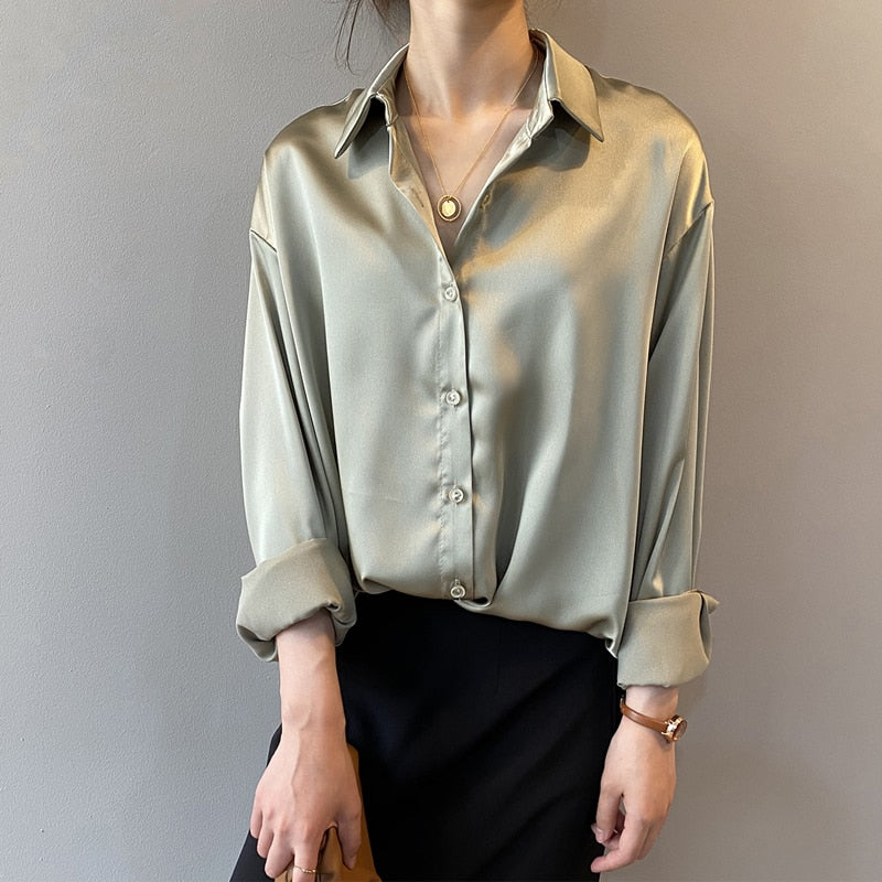 Autumn Fashion Button Up Satin Shirt Vintage Blouse Women White Lady Long Sleeves Female Loose Street Shirts 11355