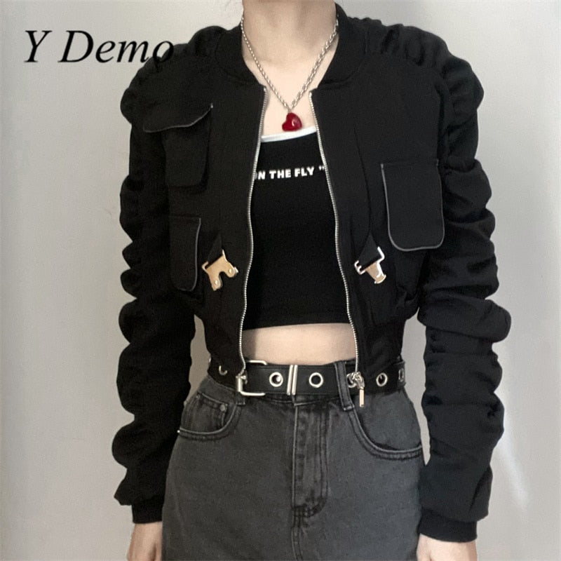 Y Demo Techwear Punk Zipper Jacket Women Long Sleeve Minimalist Pocket Outerwear Female Fashion Clothing 2020