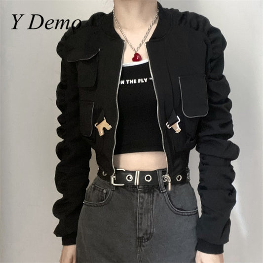 Y Demo Techwear Punk Zipper Jacket Women Long Sleeve Minimalist Pocket Outerwear Female Fashion Clothing 2020