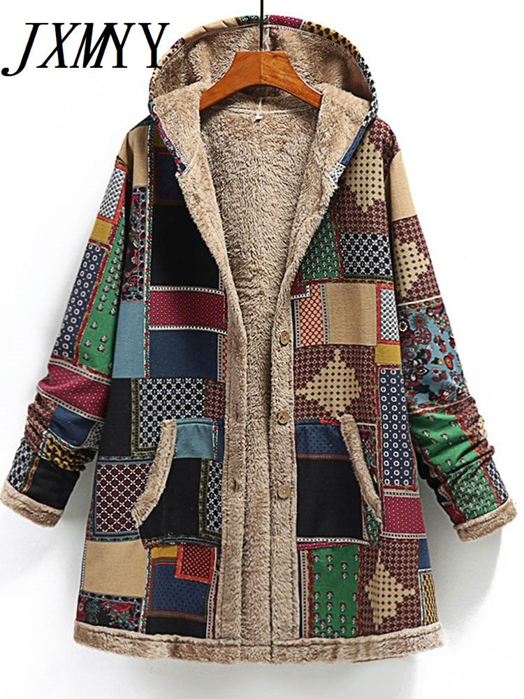 2023 Winter Vintage Women Coat Warm Printing Thick Fleece Hooded Long Jacket with Pocket Ladies Outwear Loose Coat for Women