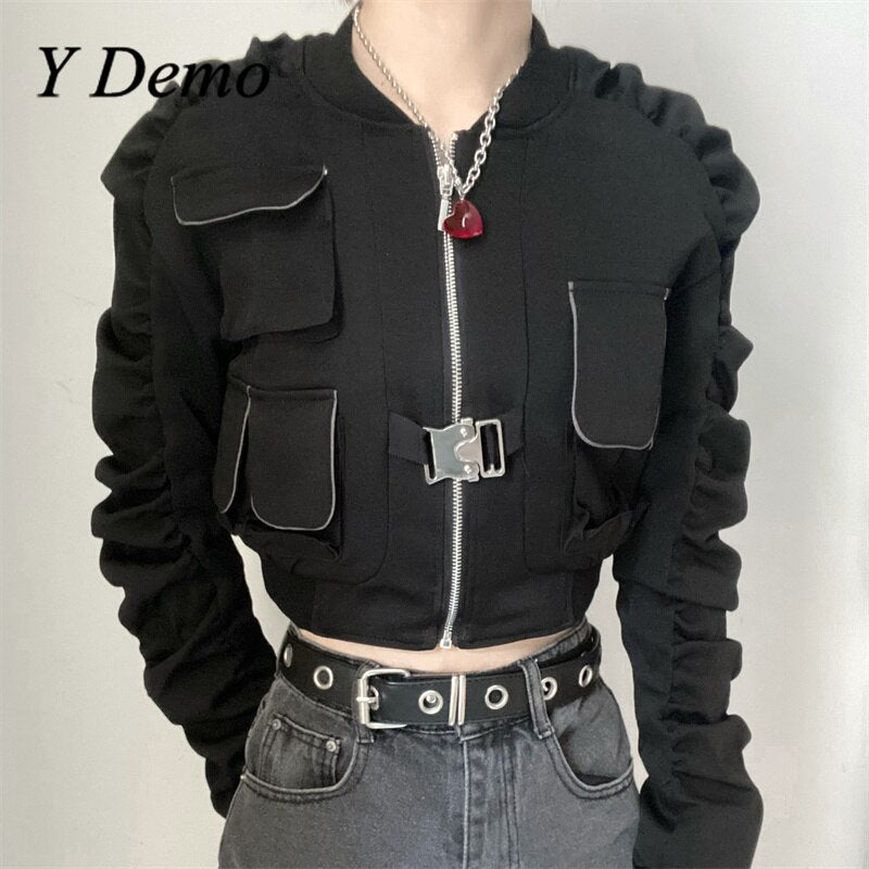 Y Demo Techwear Punk Zipper Jacket Women Long Sleeve Minimalist Pocket Outerwear Female Fashion Clothing 2020
