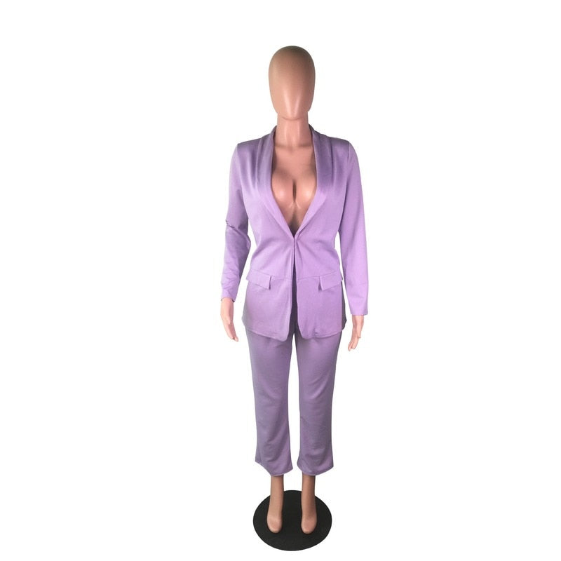 Classic Office Blazer Suit Two Piece Set 2023 Women Casual Commute Cropped Pants Suits Solid Color Mid Length Blazer with Pocket