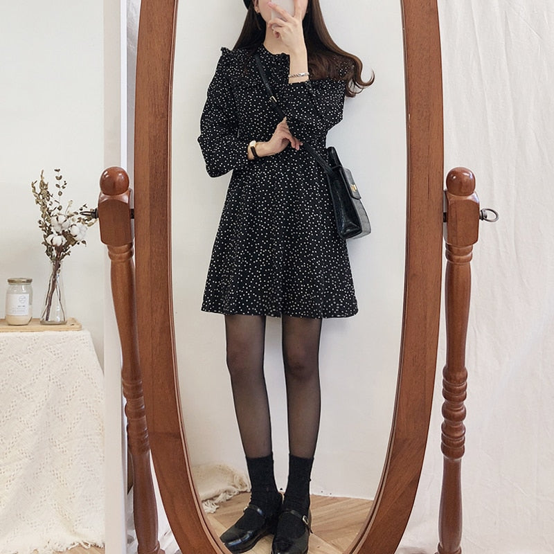 2023 Cute Sweet Dress Hot Sales Women Fashion Korean Style Design A Line Preppy Girls Vintage Polka Dot Ruffled Mini Black Dress