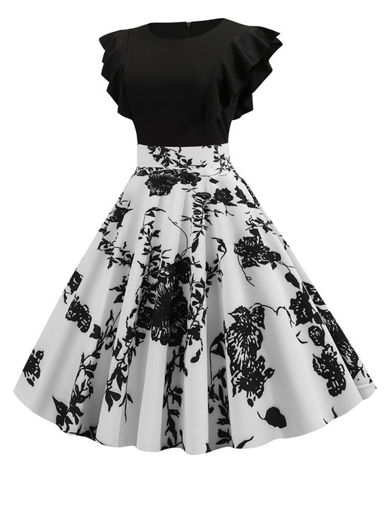 Black White Patchwork Floral Print Summer Dress Women 2022 Petal Sleeve Dot Vintage Dress Robe Casual Rockabilly Party Vestidos