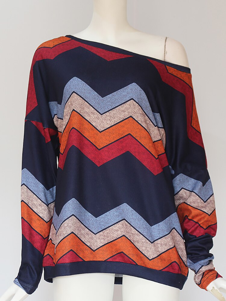 Aachoae Women Blouses Off Shoulder Tops Striped Print Pullover Jumper Casual Knitted Top Long Sleeve Blouse Shirt Camiseta Mujer