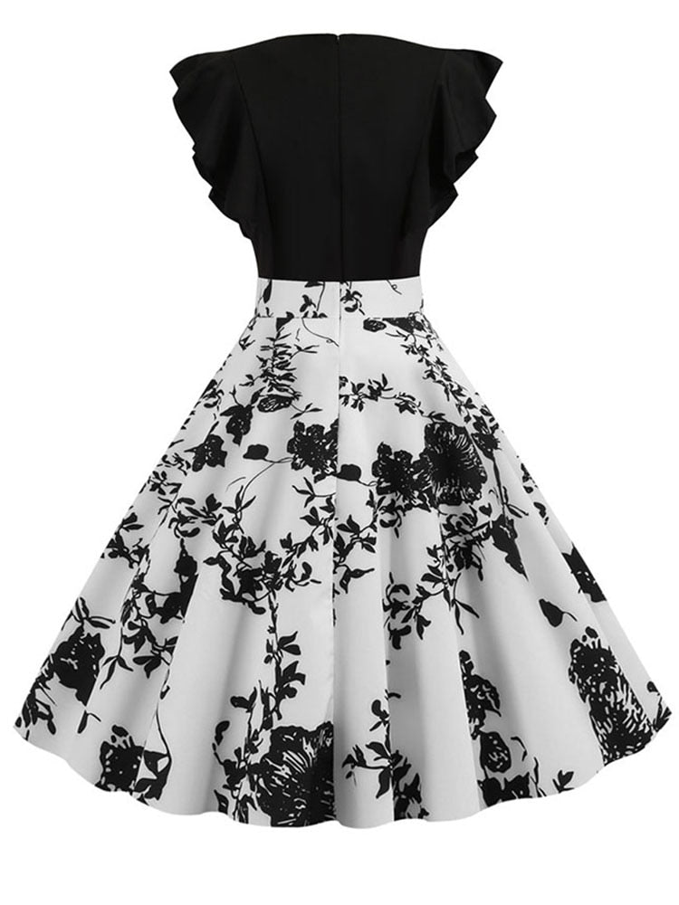 Black White Patchwork Floral Print Summer Dress Women 2022 Petal Sleeve Dot Vintage Dress Robe Casual Rockabilly Party Vestidos